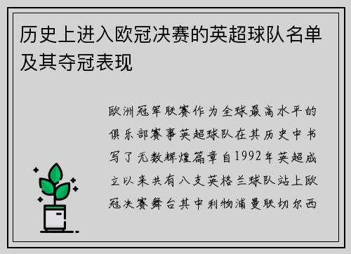 历史上进入欧冠决赛的英超球队名单及其夺冠表现