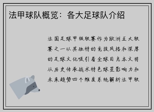 法甲球队概览：各大足球队介绍